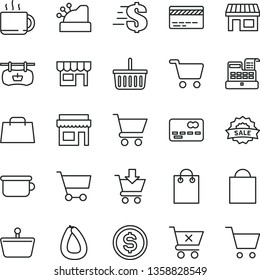 thin line vector icon set - paper bag vector, grocery basket, bank card, dollar, children's potty, cart, put in, crossed, kiosk, stick of sausage, cup tea, stall, shopping, front the, hand, cashbox