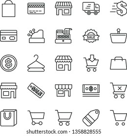 thin line vector icon set - paper bag vector, bank card, dollar, cart, put in, crossed, with handles, kiosk, hanger, label, stall, shopping basket, reverse side of a, cash, hand, Express delivery