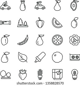 thin line vector icon set - construction level vector, cabbage, a glass of tea, pear, squash, strawberry, rose hip, slice water melon, half mango, ripe plum, passion fruit, sour lime, guava, pepper
