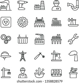 thin line vector icon set - builder vector, workman, drill, sewerage, power socket type b, helmet, gear, oil derrick, manufacture, factory, battery, hydroelectric station, line, industrial building