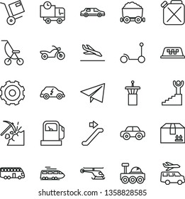 thin line vector icon set - truck lorry vector, paper airplane, summer stroller, motor vehicle, Kick scooter, delivery, cardboard box, shipment, coal mining, gas station, canister, trolley with, bus