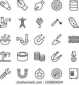 thin line vector icon set - open pin vector, crane, hook, trowel, sewerage, gear, star, knife, new radiator, canned goods, water pipes, barrel, power line, magnet, welding, steel repair key, coins