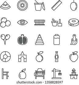 thin line vector icon set - yardstick vector, stacking toy, sand set, children's, a chair for feeding, box of bricks, colored air balloons, concrete mixer, plastic brush, eye, cake with hole, kiwi