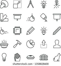 thin line vector icon set - graphite pencil vector, woman, baby powder, big core, color samples, hedge, hammer with claw, expand picture, move up, porcini, pie, porridge in a saucepan, light bulb