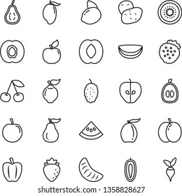 thin line vector icon set - strawberries vector, cherry, apple, half apricot, quince, tasty, raspberry, mulberry, mango, loquat, peach, slice of tangerine, plum, sweet date fruit, yellow lemon, kiwi