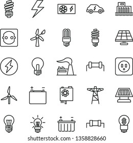 thin line vector icon set - lightning vector, incandescent lamp, saving light bulb, power socket type b, solar panel, windmill, wind energy, factory, accumulator, battery, hydroelectric station, sun
