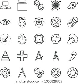 thin line vector icon set - clock face vector, renewal, plus, stacking toy, tumbler, cogwheel, gear, left bottom arrow, eye, timer, porcini, accumulator, scribed compasses, Measuring, gears, scheme