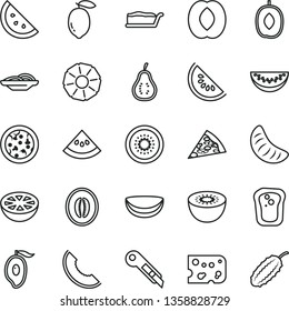 thin line vector icon set - stationery knife vector, piece of cheese, pizza, slices onion, cake slice, orange, sandwich, melon, water, half mango, delicious plum, peach, tangerine, lemon, kiwi