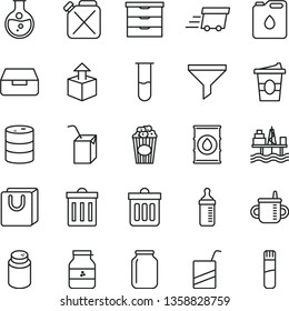 thin line vector icon set - bin vector, storage unit, mug for feeding, measuring bottle, powder, e, packing of juice with a straw, dust, drawer, bag handles, unpacking, cup popcorn, coffe to go, oil