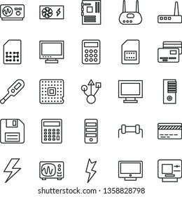 thin line vector icon set - lightning vector, floppy disk, monitor, window, bank card, calculator, electronic thermometer e, screen, cards, processor, SIM, pc power supply, tower, motherboard, usb