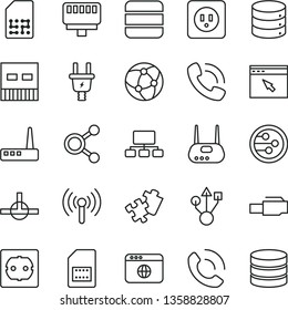 thin line vector icon set - Puzzle vector, power socket type b, f, big data, phone call, electric plug, SIM card, connections, scheme, usb, router, network, browser, connect, lan connector, wireless