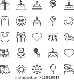 thin line vector icon set - heart symbol vector, toys over the cradle, bib, rubber duck, baby duckling, teddy bear, toy train, children's, balloon, cake, birthday, gift, Easter, torte, Chupa Chups