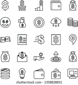 thin line vector icon set - purse vector, dollar, coins, column of, denomination the, article on, financial item, catch a coin, wallet, money, dollars, bag hand, rain, pedestal, idea, eyes, growth