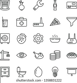 thin line vector icon set - repair key vector, first aid kit, bedside table, cradle, cogwheel, toilet, eye, strongbox, coins, piece of pizza, apple pie, hot porridge, chicken, beet, a glass soda