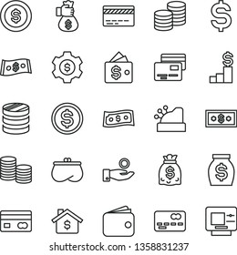 thin line vector icon set - bank card vector, cards, coins, reverse side of a, front the, column, denomination dollar, catch coin, wallet, purse, money, dollars, cashbox, bag hand, mortgage, gear
