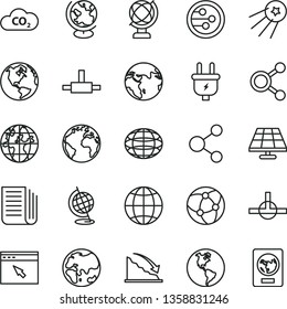 thin line vector icon set - sign of the planet vector, globe, earth, solar panel, plug, CO2, connection, connections, recession, newspaper, network, browser, connect, first satellite, passport