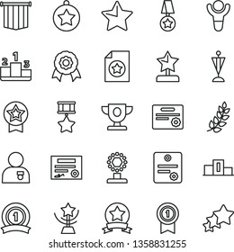 thin line vector icon set - star vector, pedestal, medal, patente, winner, laurel branch, prize, cup, reward, man with, pennant, ribbon, hero, certificate, flag, three stars