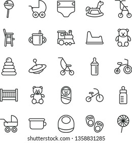 thin line vector icon set - baby cot vector, mug for feeding, bottle, measuring, diaper, bib, stroller, carriage, summer, sitting, stacking rings, roly poly doll, children's potty, chair, a child
