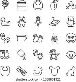 thin line vector icon set - baby powder vector, bib, Child T shirt, rubber duck, duckling, warm socks, toy mobile phone, children's potty, teddy bear, small, hairdo, train, yule, tricycle, lollipop