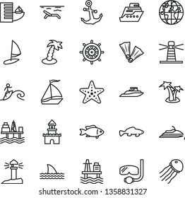 thin line vector icon set - anchor vector, small fish, sea port, commercial seaport, lighthouse, coastal, planet, sand castle, sail boat, hotel, beach, palm tree, starfish, flippers, diving mask