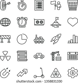 thin line vector icon set - heart symbol vector, wicker pot, growth up, pie chart, new abacus, motor vehicle, child Kick scooter, tower crane, heating coil, traffic signal, alarm clock, globe, bar