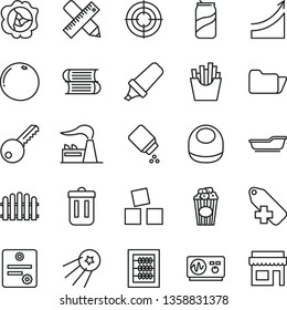 thin line vector icon set - add label vector, new abacus, baby powder, bib, bath, cubes for children, books, key, writing accessories, hedge, French fries, cup of popcorn, soda can, squash, factory