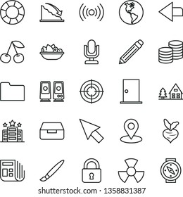 thin line vector icon set - tassel vector, desktop microphone, left direction, graphite pencil, ntrance door, lock, drawer, coins, a plate of fruit, cherry, beet, planet Earth, radiation, recession