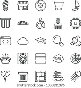 thin line vector icon set - colored air balloons vector, laying out, saving light bulb, magnifier, dust bin, porridge in a saucepan, carbon dyoxide, stall, cart, radiator fan, cpu, cd, coding, cloud