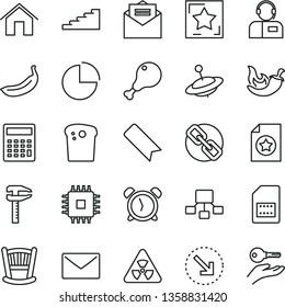 thin line vector icon set - alarm clock vector, bookmark, spectacles, calculator, pie chart, cradle, yule, home, envelope, received letter, operator, right bottom arrow, Easter cake, chicken leg