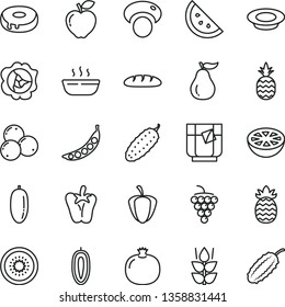 thin line vector icon set - loaf vector, cake with a hole, hot porridge, plate of milk, cucumber, peper, glass tea, pineapple, orange slice, mint, pomegranate, large grape, squash, red apple, sweet