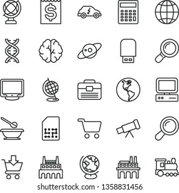 thin line vector icon set - calculator vector, plates and spoons, portfolio, globe, earth, put in cart, planet, industrial factory, enterprise, electric transport, SIM, shopping, financial item, dna