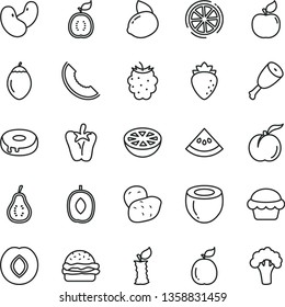 thin line vector icon set - burger vector, cake, with a hole, chicken thigh, peper, ripe peach, apricot, plum, raspberry, blackberry, slice of melon, delicious, yellow lemon, tamarillo, guava, part