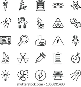 thin line vector icon set - artificial satellite vector, microscope, electricity, glasses, nuclear, zoom, bulb, gears, oscilloscope, clipboard, drawing compass, artifical insimination, robot, bang