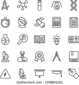 thin line vector icon set - vector e, book, flask, test tube, microscope, molecule, electricity, dna, bulb, satellite, bactery, oscilloscope, scientist, graduate hat, clipboard, calculator, medal