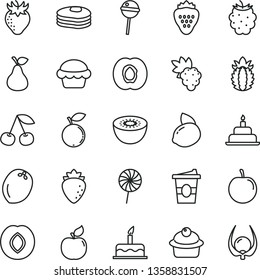 thin line vector icon set - cake vector, birthday, muffin, Chupa Chups, lollipop, coffe to go, strawberry, pear, pancakes, cherry, half apricot, grape, plum, raspberry, blackberry, blueberry, tasty