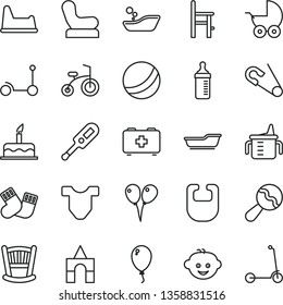 thin line vector icon set - cradle vector, measuring cup for feeding, bottle, bib, Child T shirt, beanbag, Baby chair, stroller, open pin, electronic thermometer e, bath ball, children's bathroom
