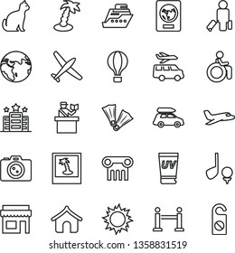 thin line vector icon set - earth vector, plane, car baggage, air balloon, rope barrier, passenger, passort control, passport, boungalow, sun, uv cream, palm tree, flippers, hotel, disabled, camera