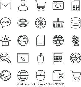 thin line vector icon set - sign of the planet vector, grocery basket, zoom out, envelope, speech, earth, big data, delete page, cart, SIM card, woman, globe, dollar, mouse, network, browser, coding