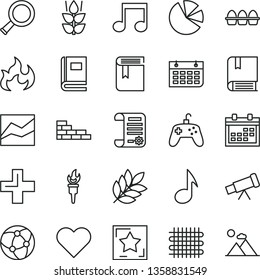 thin line vector icon set - calendar vector, plus, line chart, book, e, brick wall, heart, bundle of eggs, mint, weaving, pie charts, research article, network, note, joystick, telescope, zoom, star
