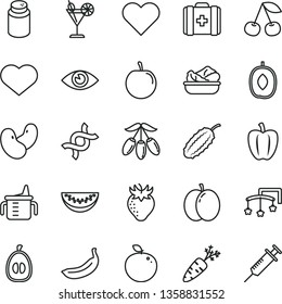 thin line vector icon set - heart symbol vector, toys over the cot, measuring cup for feeding, powder, medical bag, eye, lettuce in a plate, cocktail, cherry, apple, strawberry, goji berry, tasty