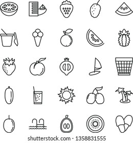 thin line vector icon set - wicker pot vector, children's sand set, a glass of soda, cone, strawberry, ripe peach, half medlar, blueberry, tasty mulberry, cornels, slice water melon, date fruit, sun