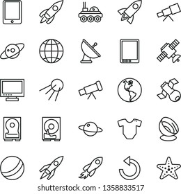 thin line vector icon set - monitor vector, counterclockwise, t short, bath ball, earth, artificial satellite, planet, rocket, space, tablet pc, hdd, telescope, antenna, saturn, lunar rover
