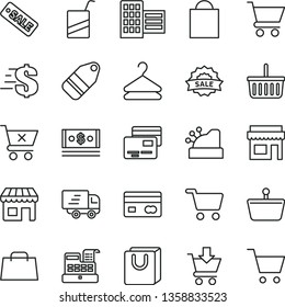 thin line vector icon set - paper bag vector, grocery basket, dollar, e, city block, cart, put in, crossed, with handles, cards, hanger, label, kiosk, shopping, reverse side of a bank card, cash