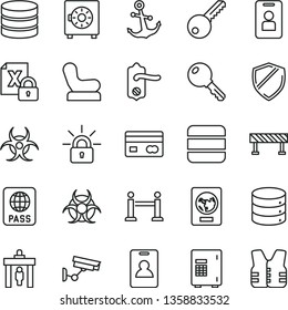 thin line vector icon set - Baby chair vector, key, door knob, road fence, anchor, passport, big data, strongbox, reverse side of a bank card, encrypting, biohazard, rope barrier, identity, access