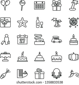 thin line vector icon set - daily calendar vector, colored air balloons, cake, birthday, gift, torte, Chupa Chups, pumpkin, wall, giftbox, wine, champagne, car baggage, passenger, hotel, palm tree
