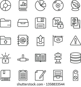 thin line vector icon set - warning vector, folder, archive, upload data, e, book, address, drawer, notes, vintage sign, ring diagram, pie charts, on statistics, statistical research, encrypting, cd