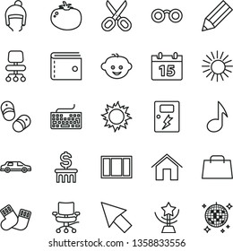 thin line vector icon set - scissors vector, purse, keyboard, warm socks, children's hairdo, child shoes, winter hat, window frame, dangers, home, calendar, tomato, pencil, hand bag, note, chair