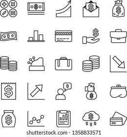 thin line vector icon set - bank card vector, graph, growth chart, negative, suitcase, coins, math actions, statistical report, financial item, get a wage, purse, money, dollars, cash, cashbox, rain