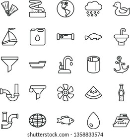 thin line vector icon set - rubber duck vector, bath, rainy cloud, washbasin, sewerage, construction level, kitchen faucet, drop, anchor, small fish, bottle of soda, slice water melon, pipes, filter