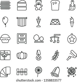thin line vector icon set - toys over the cradle vector, teddy bear, balloon, paint roller, sample of colour, plastic brush, ceramic tiles, pavement, bell, nightstand, Easter cake, piece, lollipop